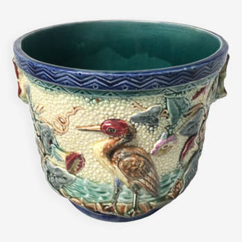 Cache pot decor heron barbotine majolica vintage