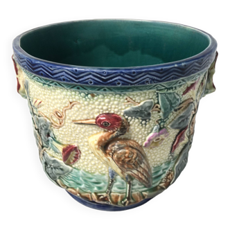 Vintage heron slip majolica pot cover