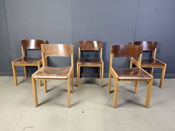 Lot de 5 chaises empilables marron et bouleau du milieu du siècle