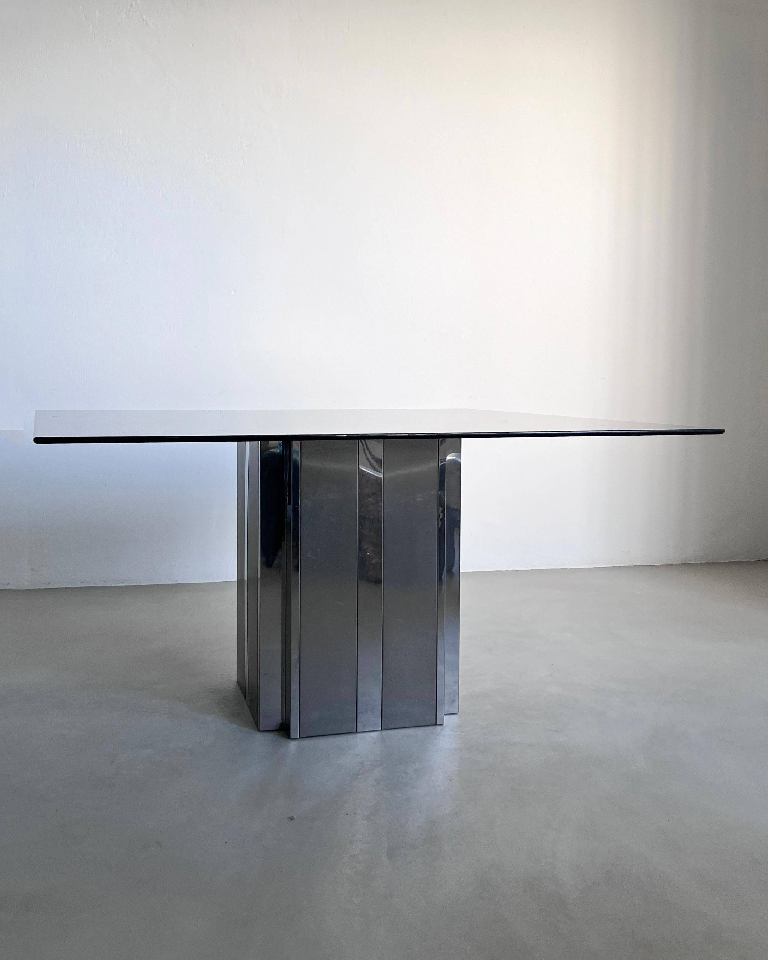 Square Dining Table in Metal and Smoked Glass, 1970's Paul Evans Style