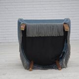 1970s, Danish armchair with footstool, blue furniture velour, oak wood legs
