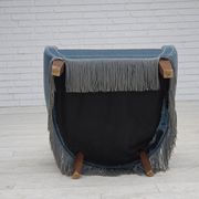 1970s, Danish armchair with footstool, blue furniture velour, oak wood legs