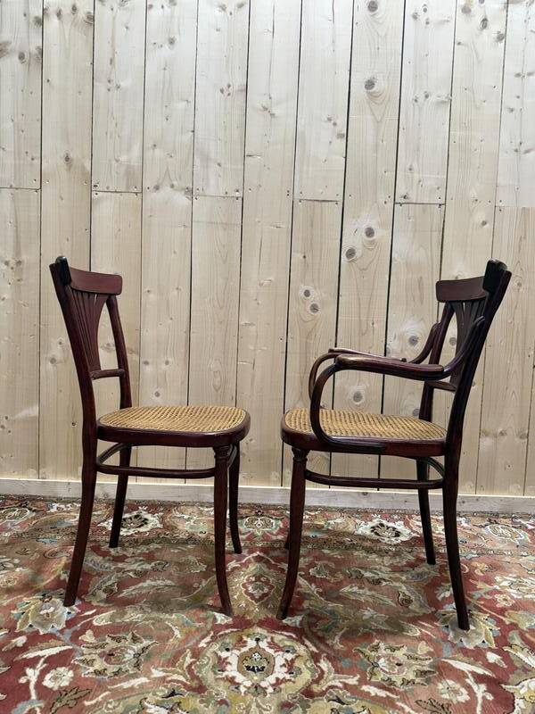 Suite de 4 chaises et deux fauteuils cannés thonet à "palmettes"