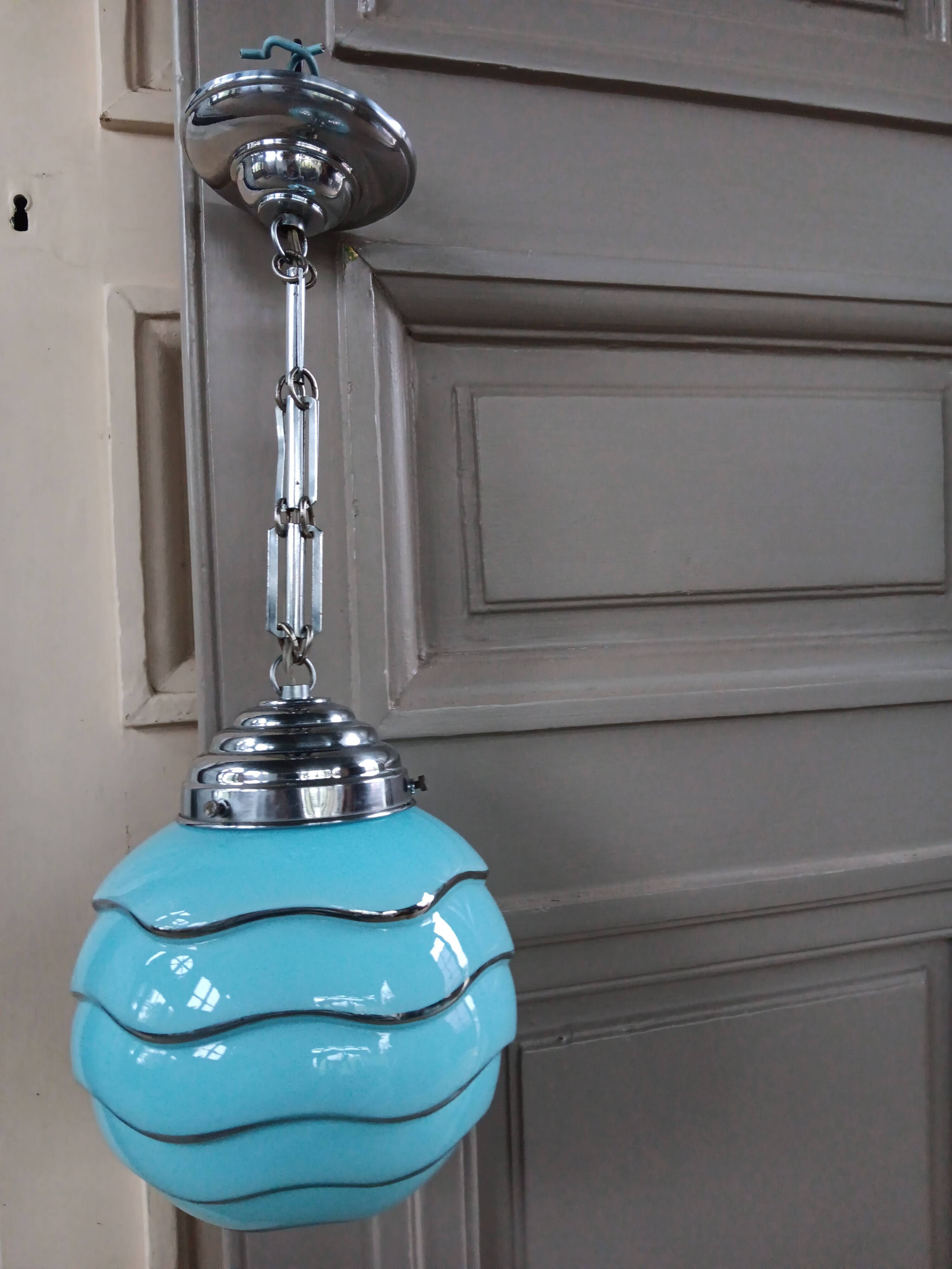 Bauhaus pendant light, blue and silver glass globe