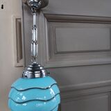 Bauhaus pendant light, blue and silver glass globe