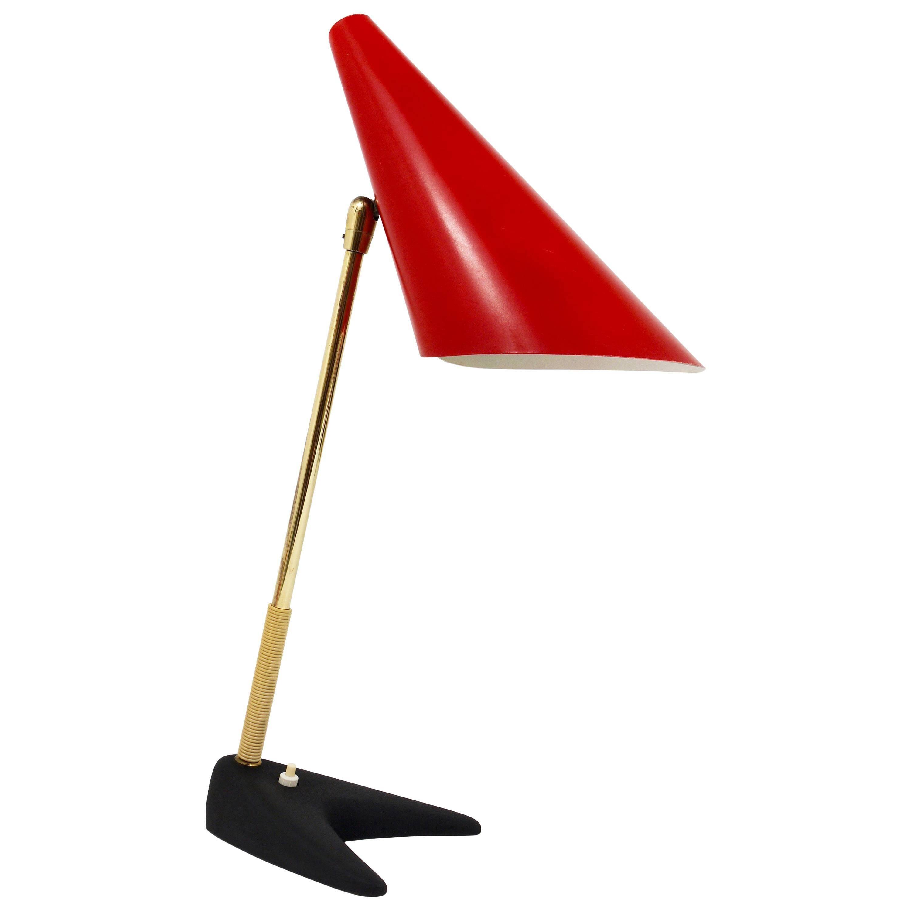 Red brass table lamp in the style of J.T. Kalmar, mid-century, Vienna, Austria, 1950s.