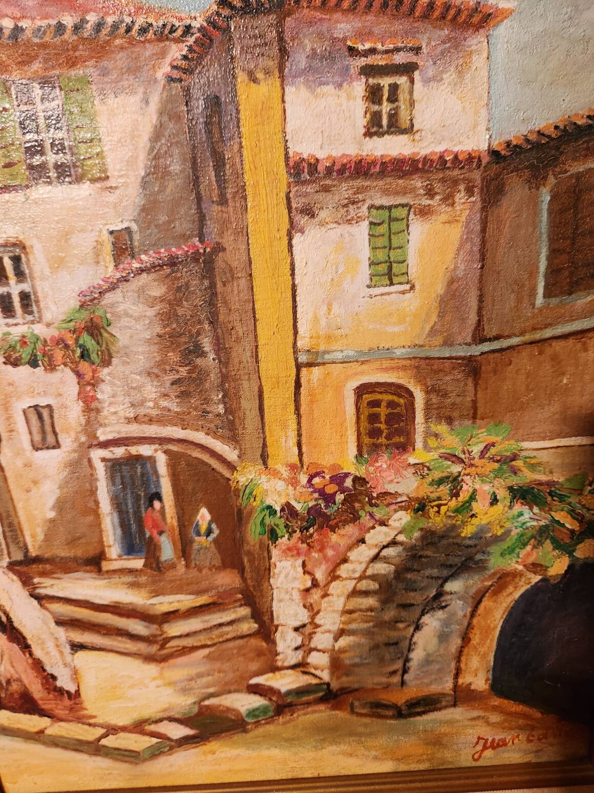 Oil painting on canvas Provençal landscape santons framed signed