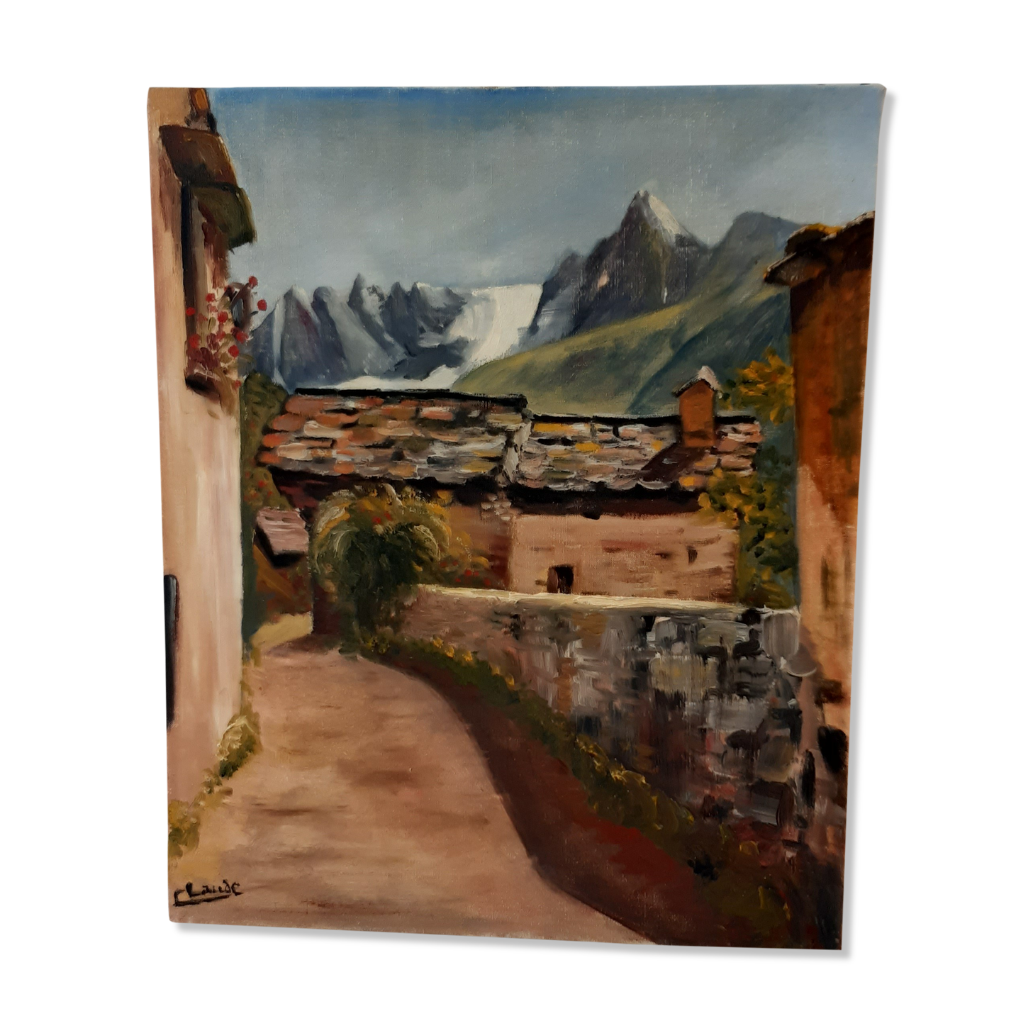 Oil on canvas painting and mountain landscape frame signed