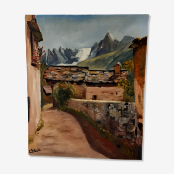 Tableau huile sur toile et châssis paysage montagne signé