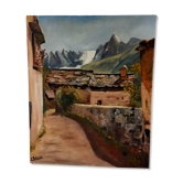 Tableau huile sur toile et châssis paysage montagne signé