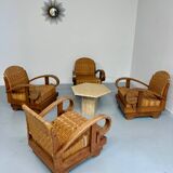 Set of 4 woven rattan armchairs, colonial style, 1950s