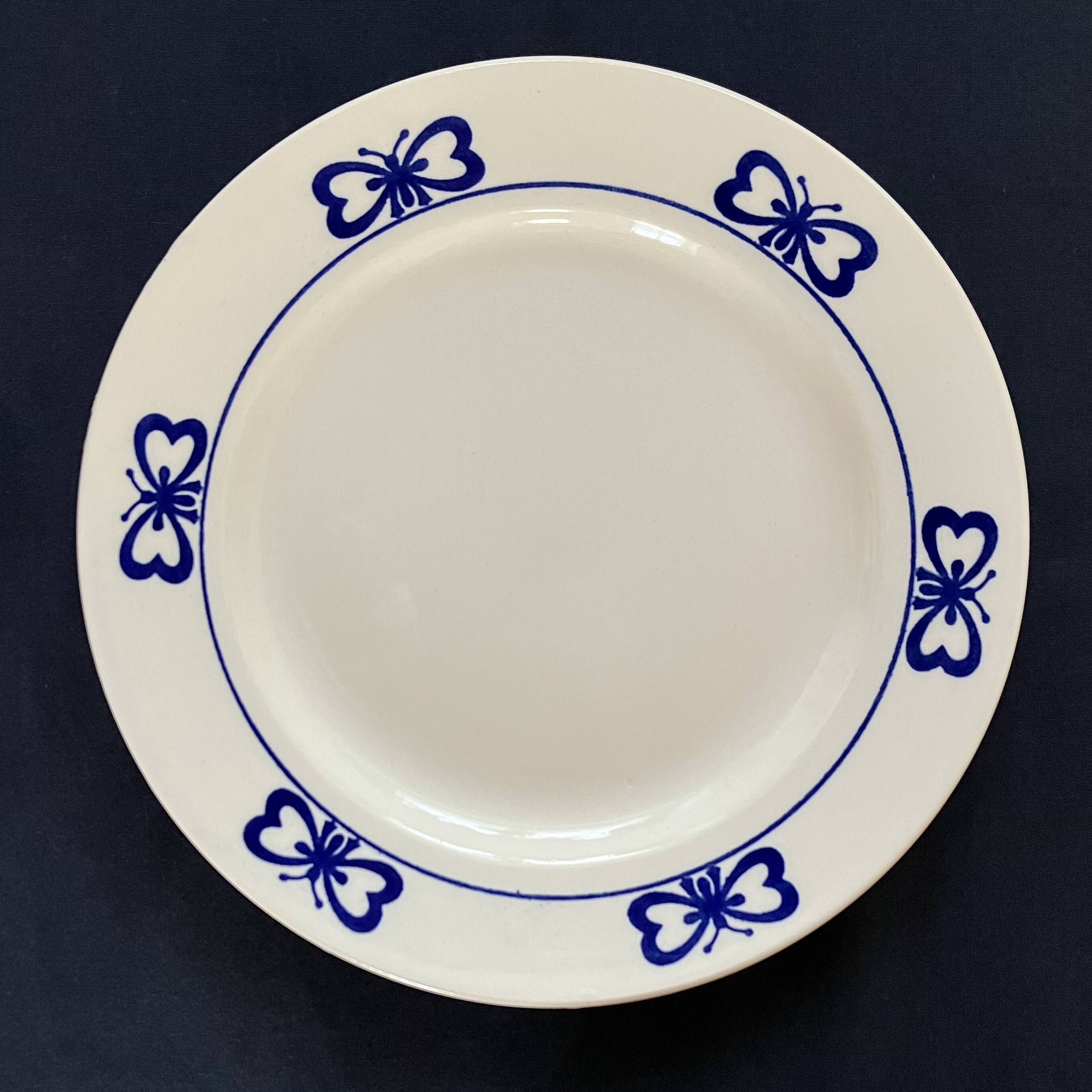 Set of 6 white and blue porcelain dessert plates with butterflies