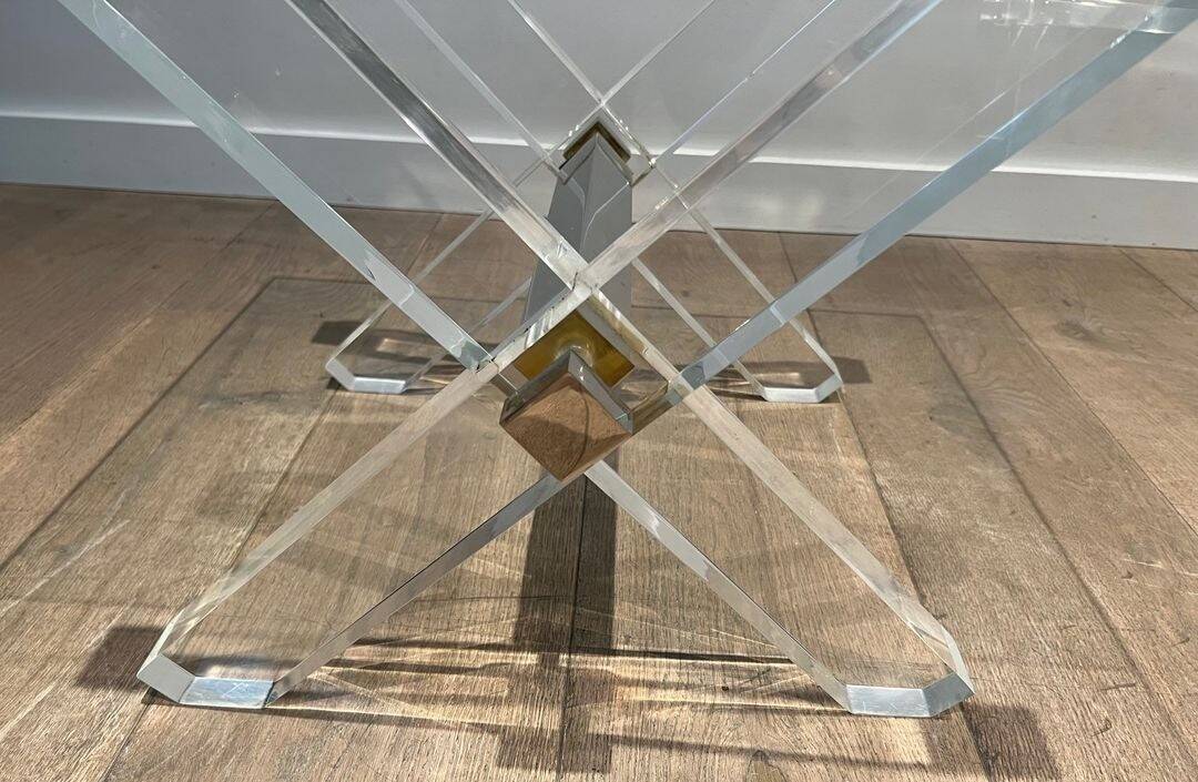 Pair of Plexiglass and Chrome Side Tables with X-shaped Legs, Work