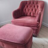 Fauteuil velours vieux rose et son repose pied