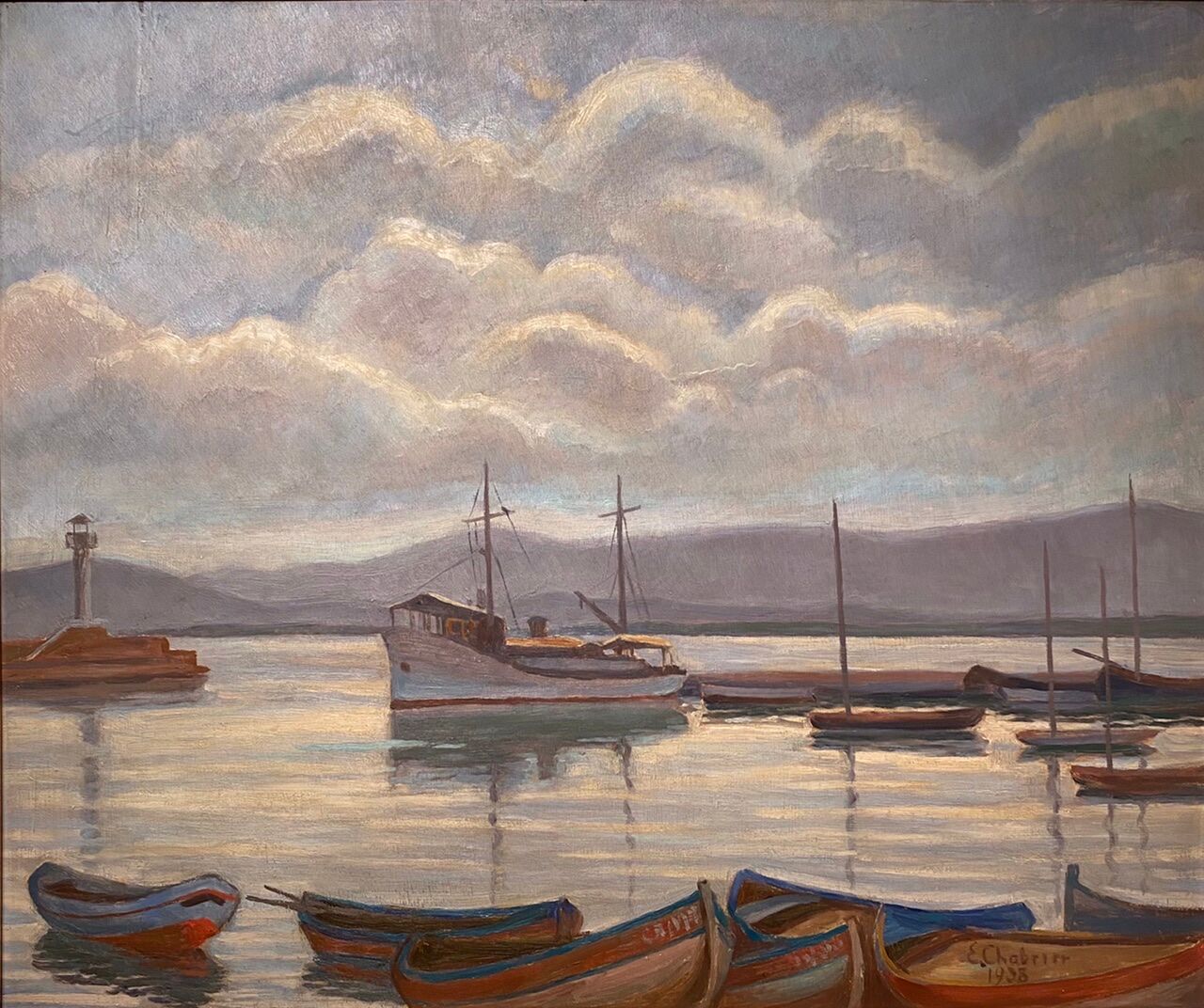 Old painting, Marine, signed E Chabrier and dated 1938