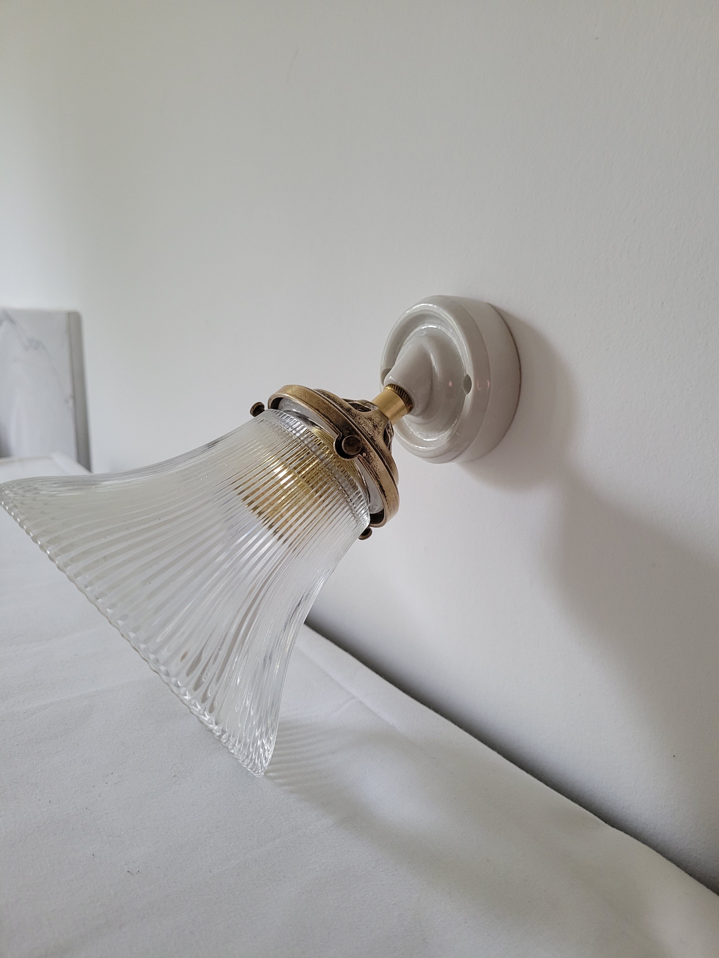 Porcelain wall lamp and Holophane style glass