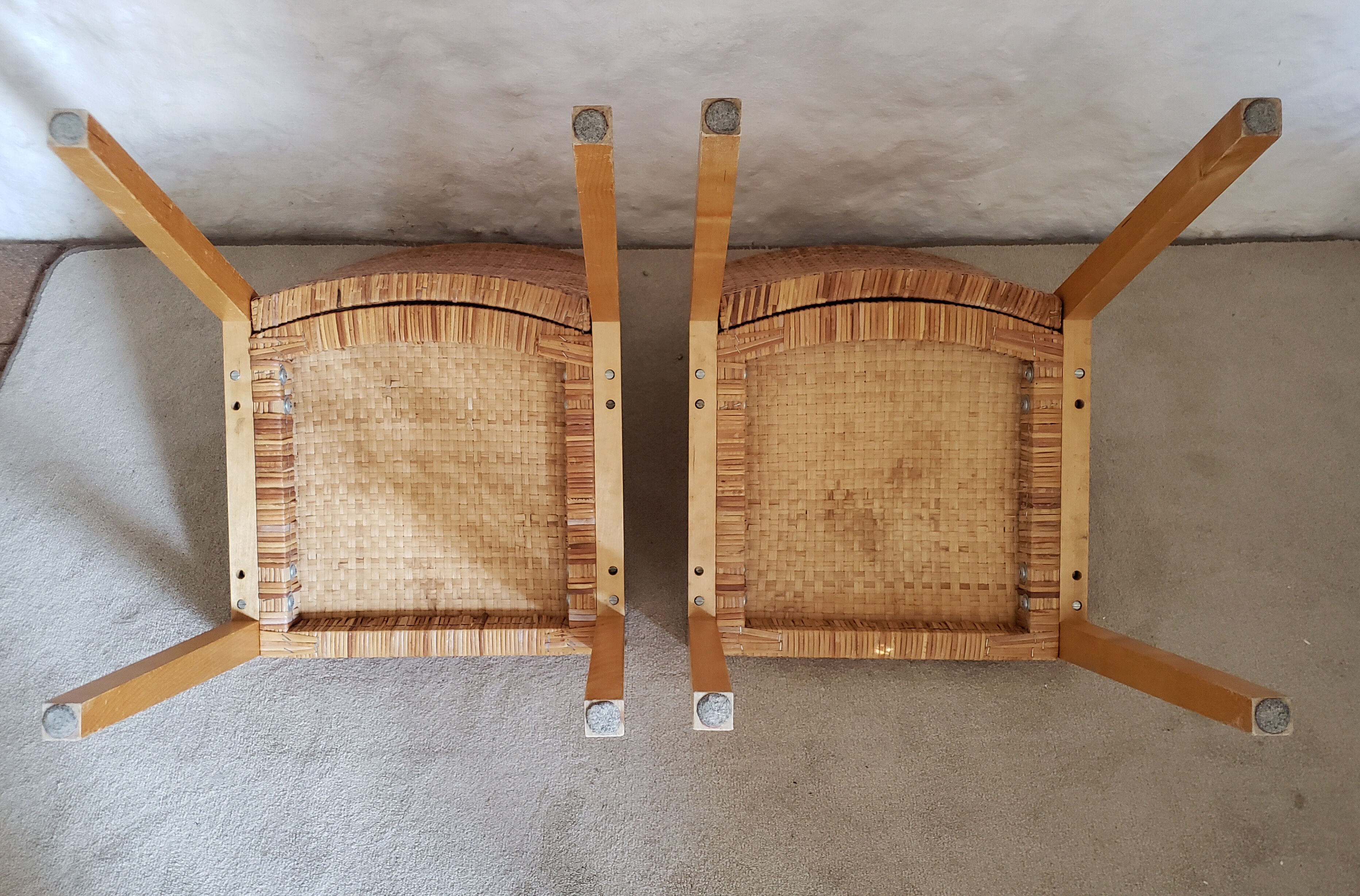 5 wooden and rattan chairs