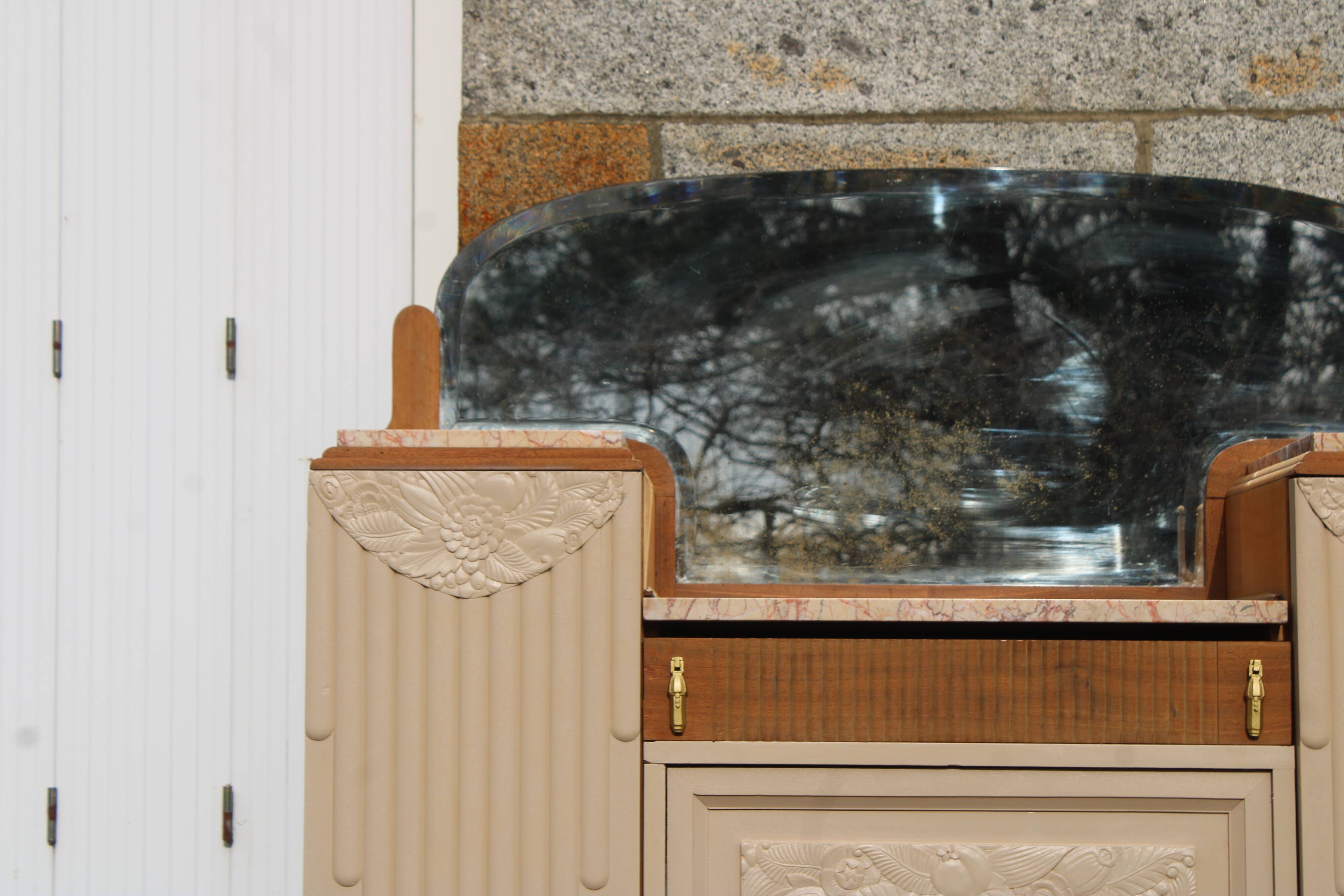 Renovated Art Deco buffet, pink marble and original mirror.