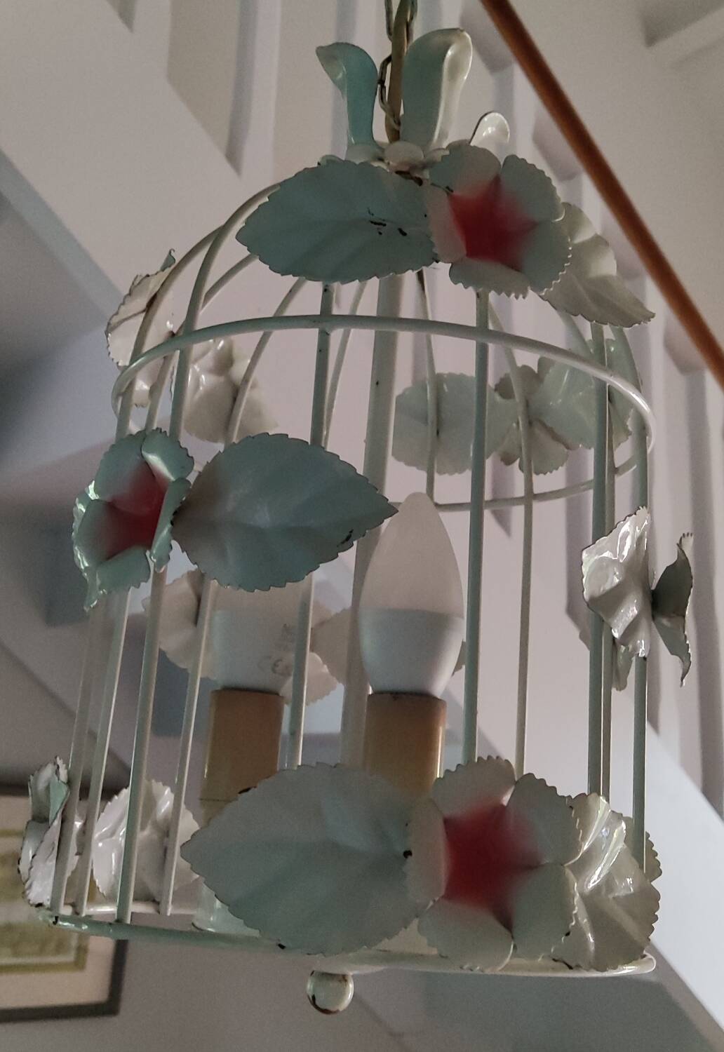 Vintage chandelier cage birds flowers white metal