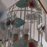 Vintage chandelier cage birds flowers white metal