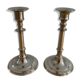 2 silver metal candlesticks