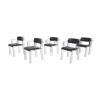Lot de 5 chaises de salle à manger en chrome et en cuir par Aryform, Suède années 1970