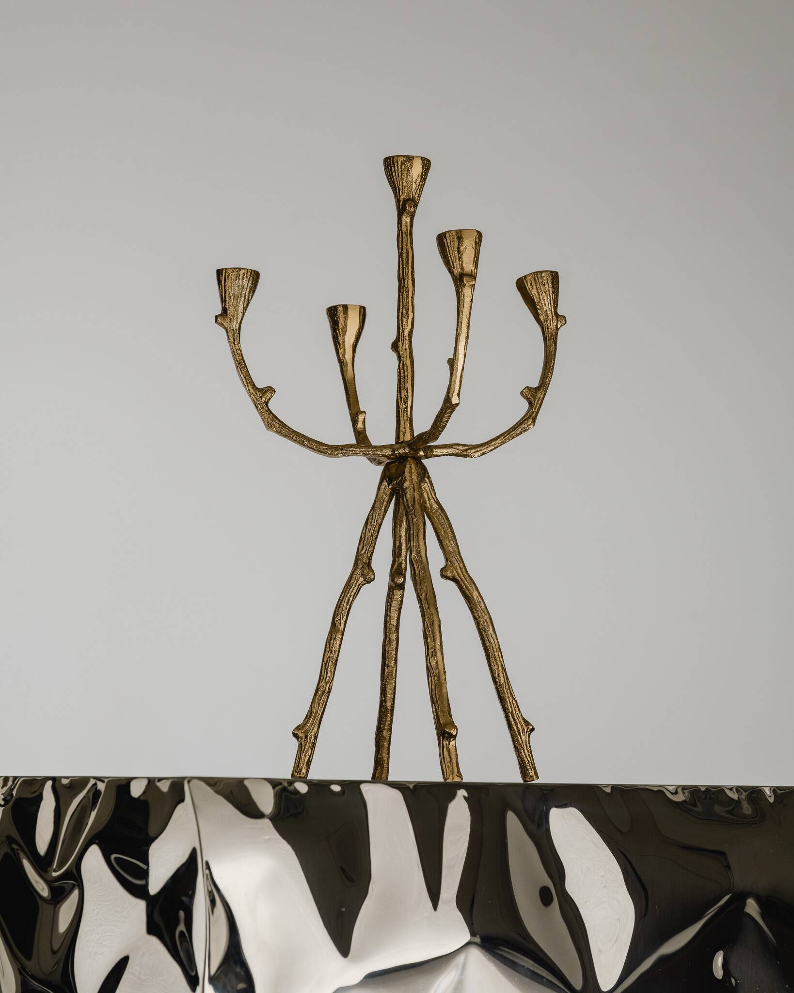 Chandelier 5 feux brutaliste en métal doré, 1970s