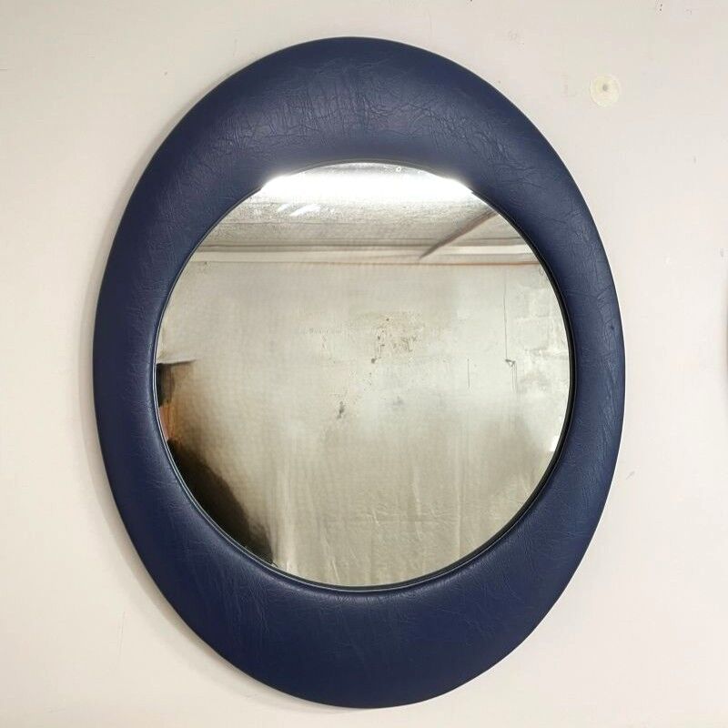 Oval wall mirror 1970s blue faux leather