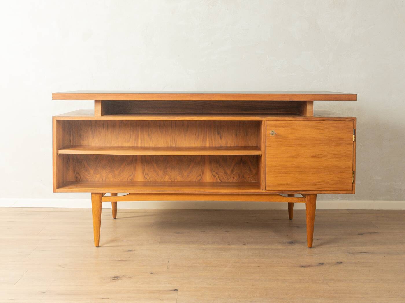 1960s walnut veneer desk with drawers and cabinet