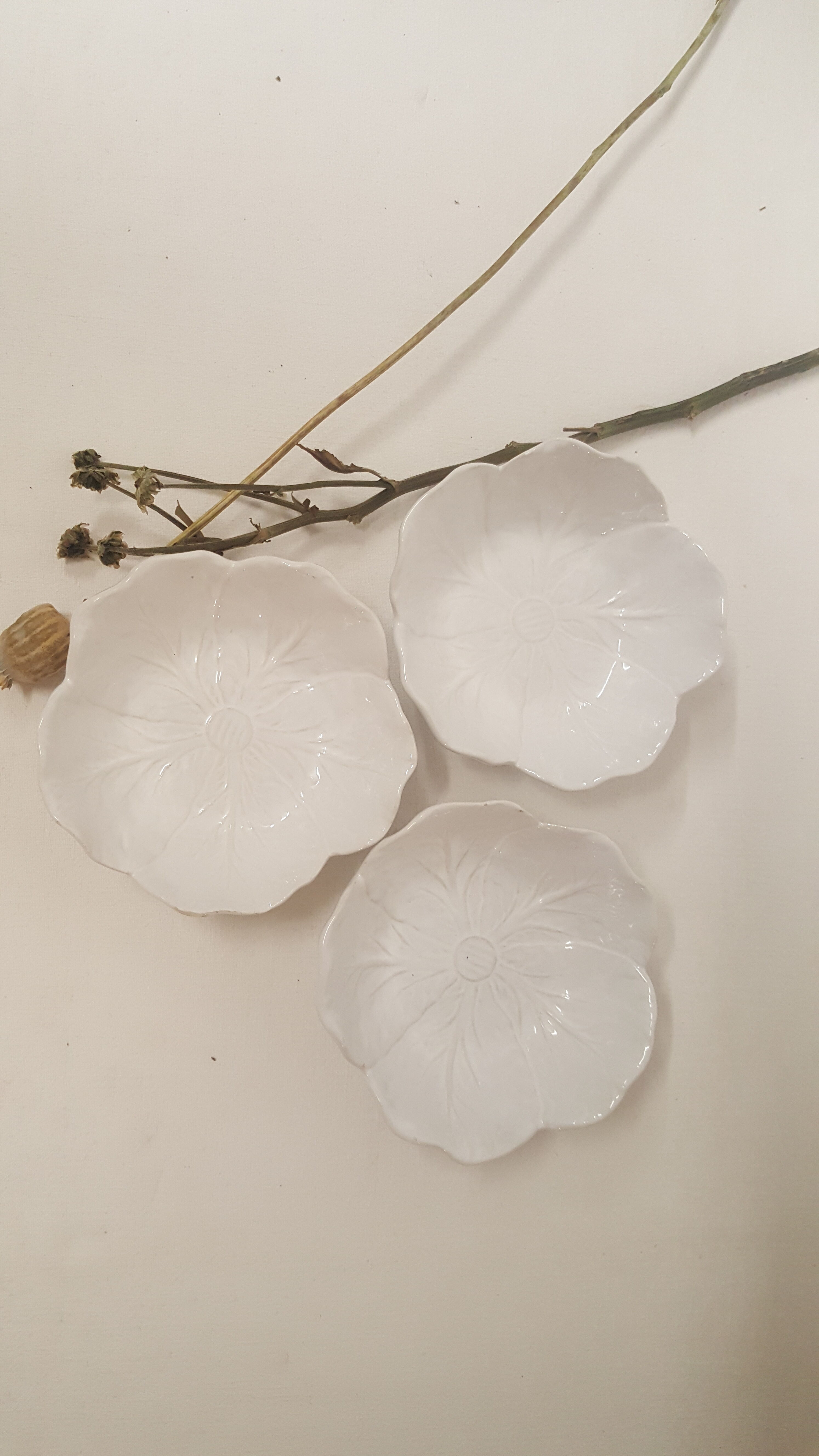 3 white ceramic flower cups