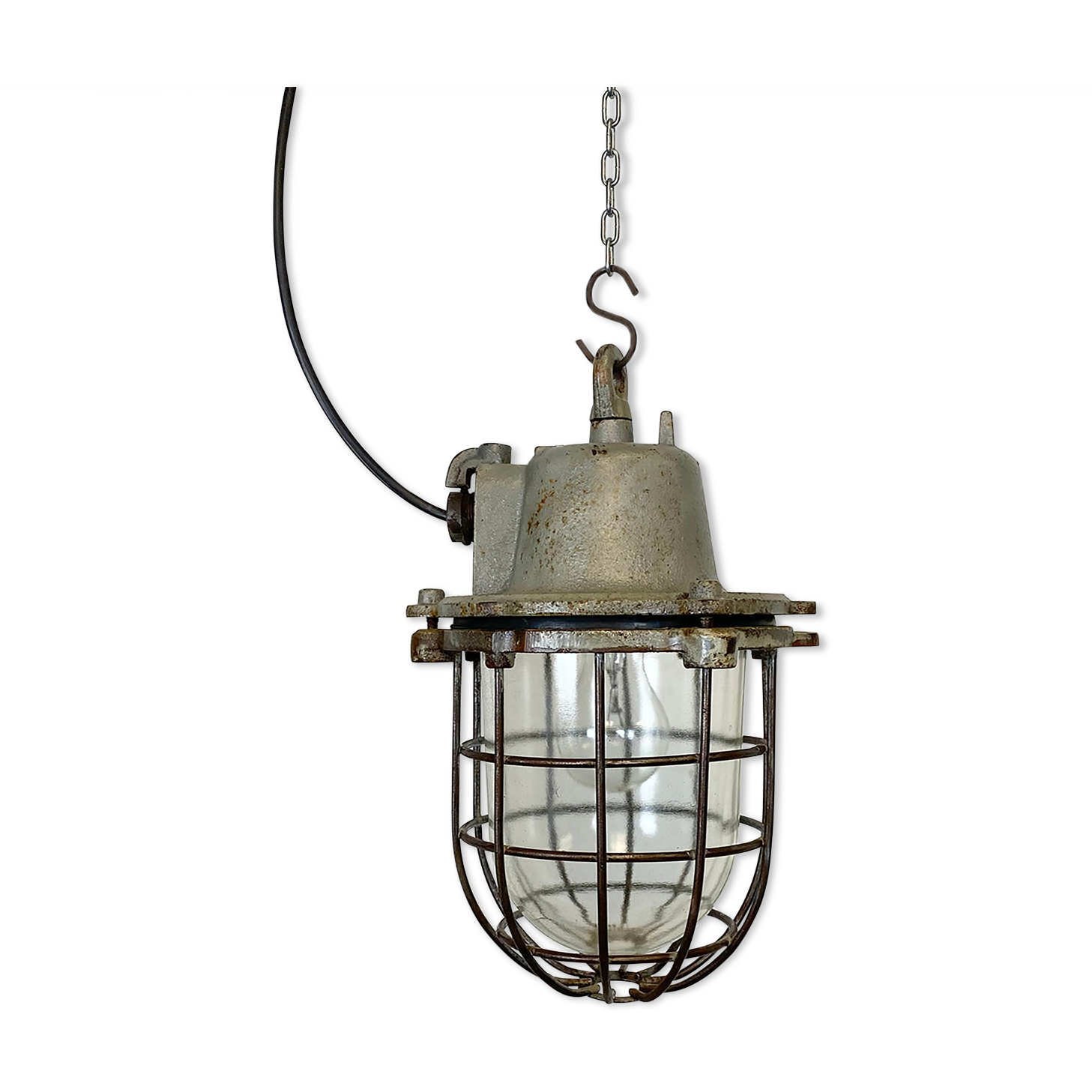 Industrial cast iron cage pendant light, 1960s