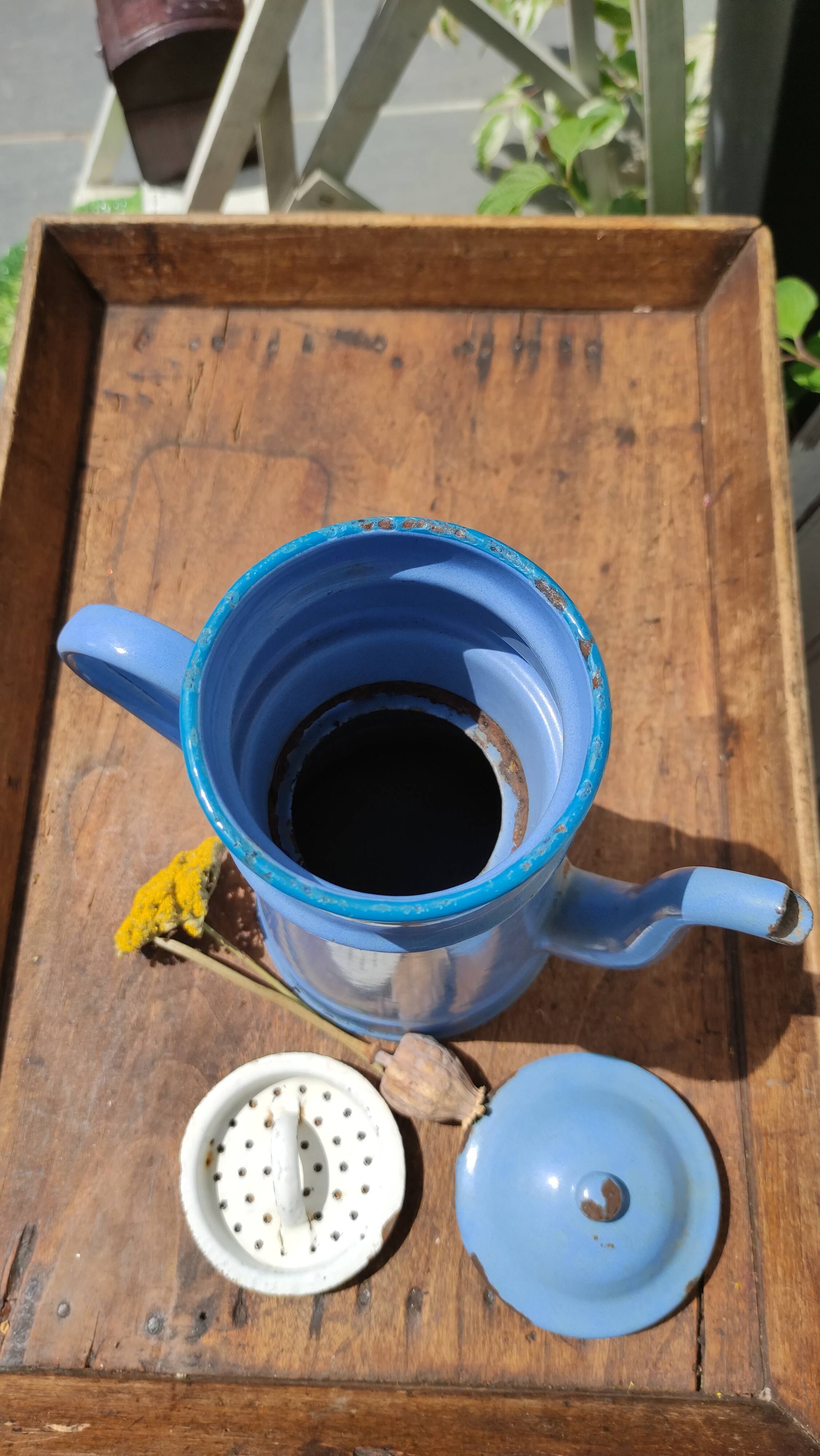 Blue coffee maker in vintage enamelled sheet metal