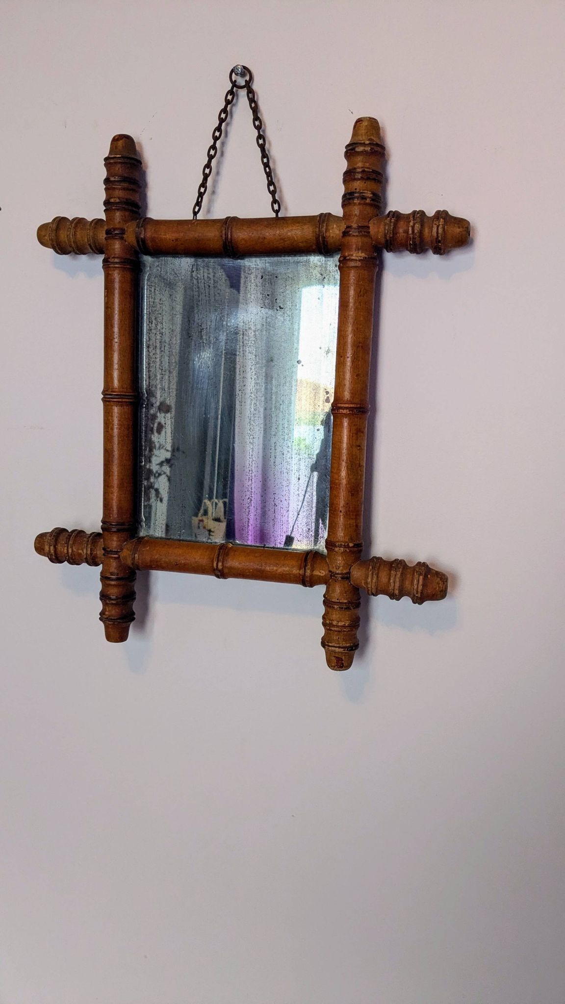 Miroir ancien bambou tourné glace piquée 40x34 cm