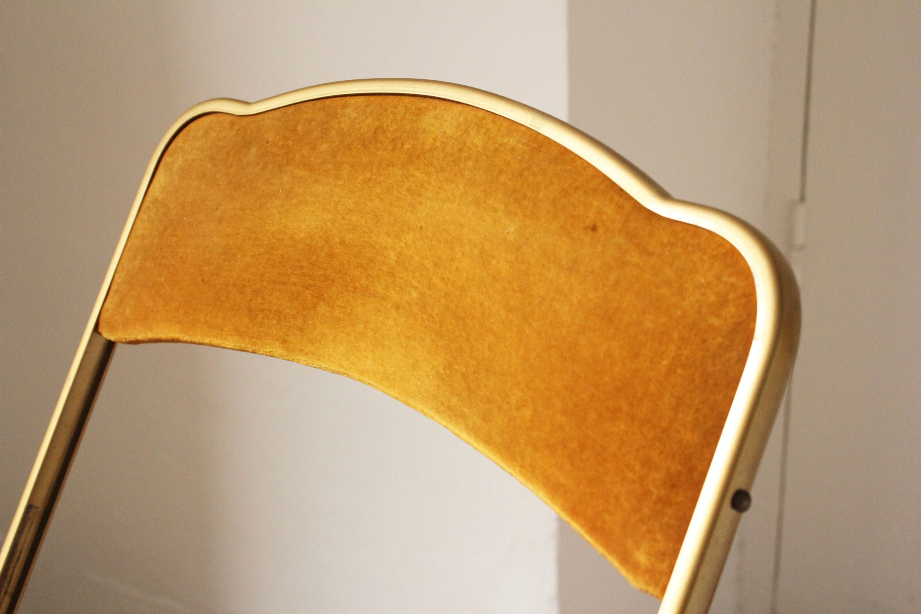 Folding chaisor chairs, gold structure and vintage golden yellow velvet