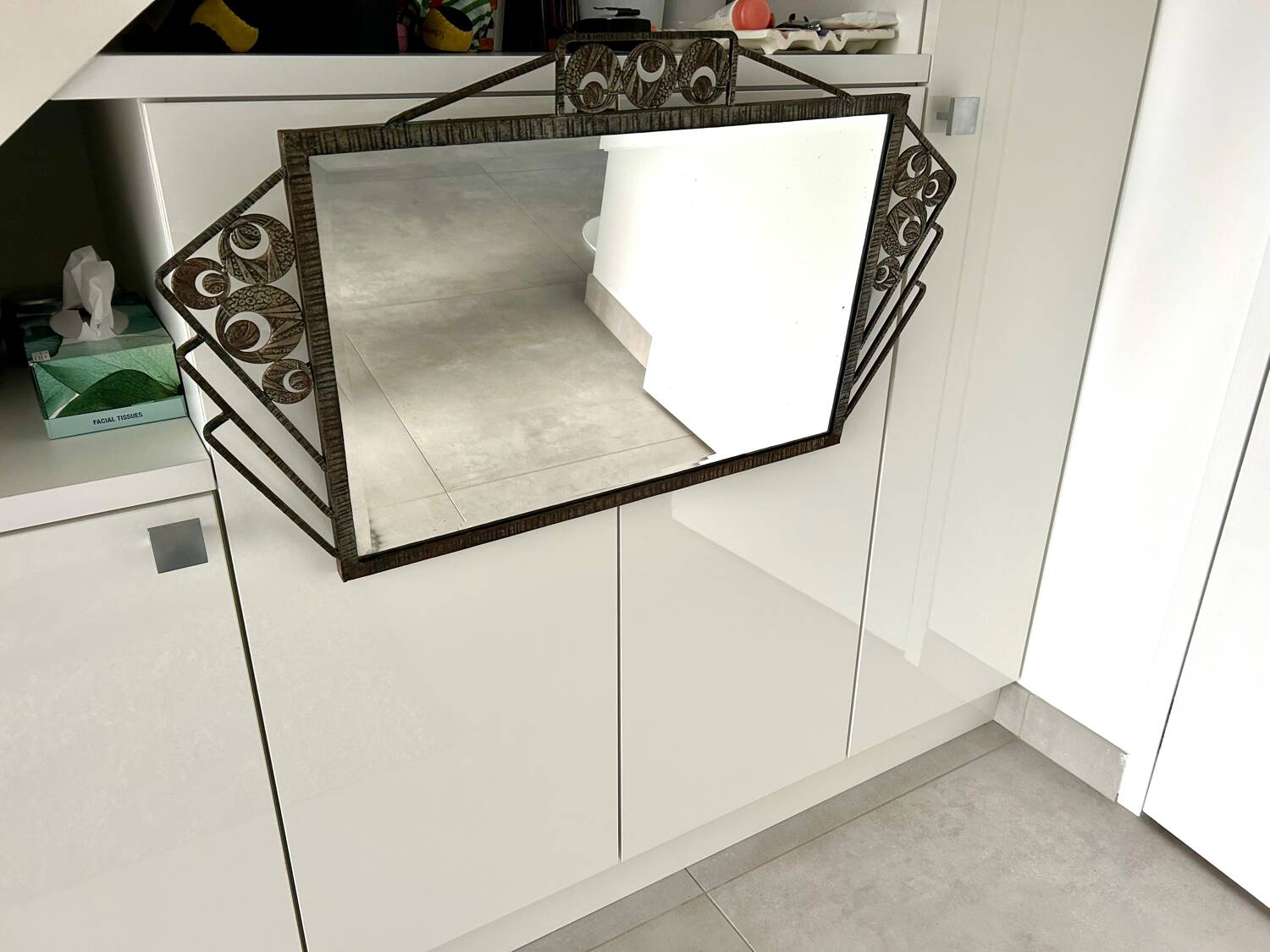 Art Deco mirror 1930 hammered iron and beveled mirror