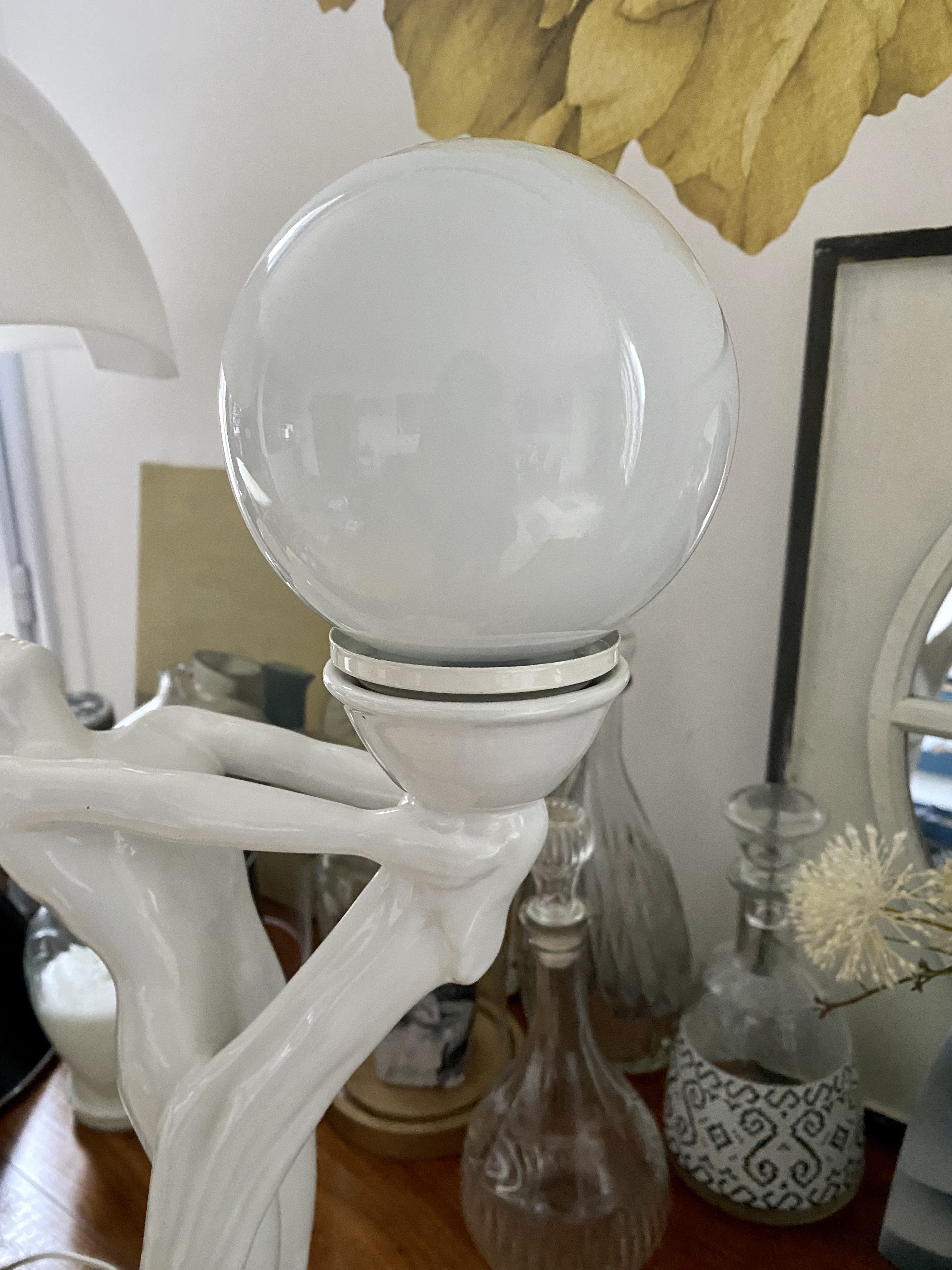 White ceramic lamp and opaline globe woman art deco art nouveau