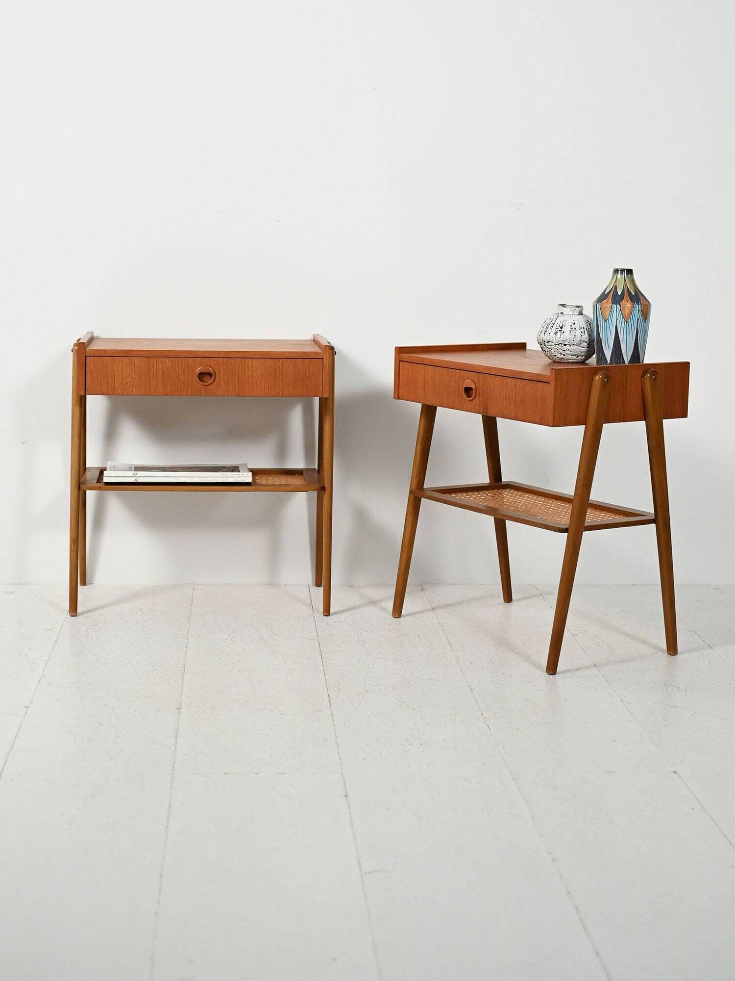 Pair of Scandinavian bedside tables in teak with Vienna cane
