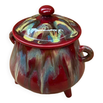 Old tripod candy jar j. guet flamed red ceramic vintage #b212