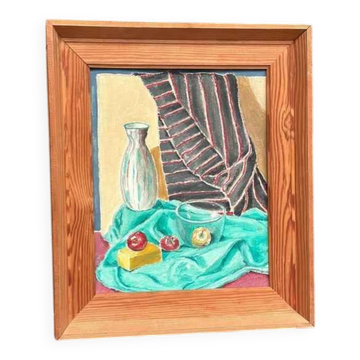 Original Swedish Oil On Panel – “Still Life With Fruits And Vase” By Sune Lindahl – Vintage & Framed – 30 × 35 Cm (11.8" × 13.8")