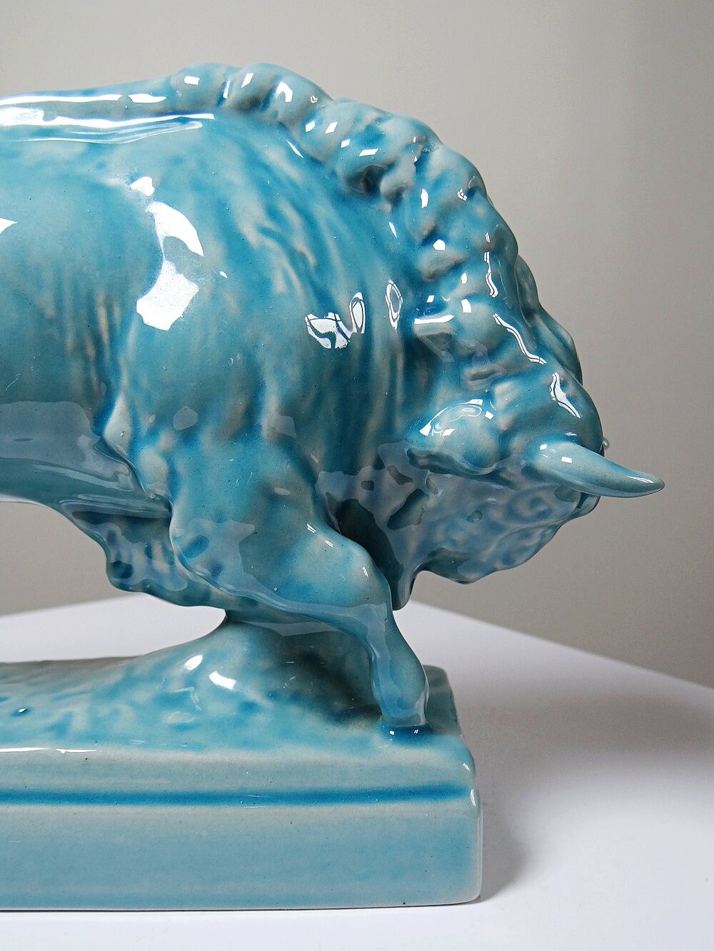 Bison Zsolnay in turquoise glazed earthenware, Hungary, 1940s-50s.