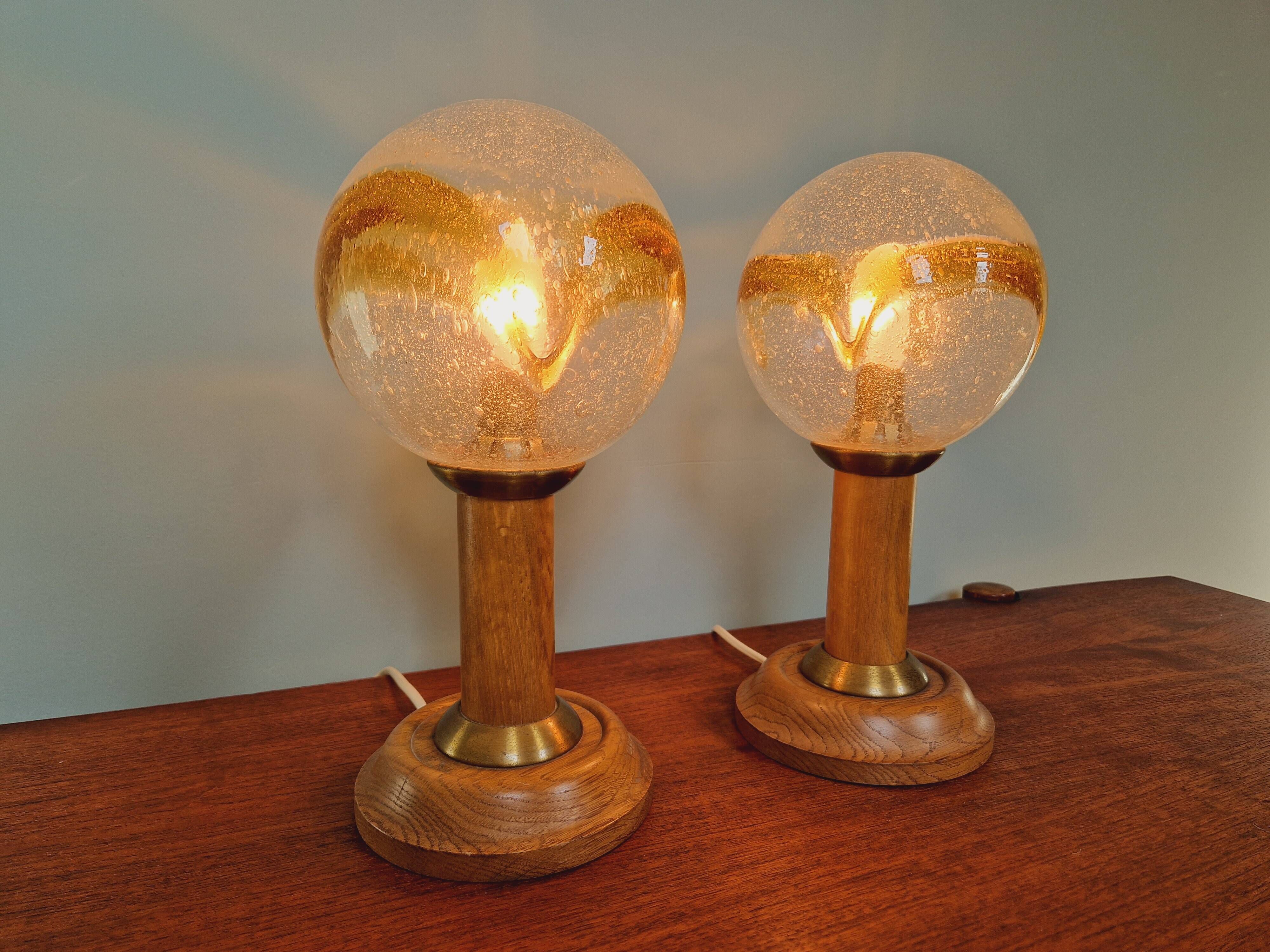 Pair of wooden and blown glass lamps, Honsel Leuchten, 1970s