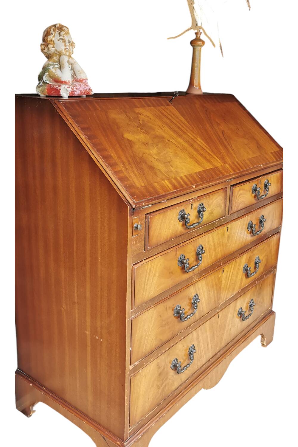 Bureau secrétaire ancien en bois – abattant, cuir, clé