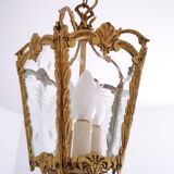 Lanterne de hall en bronze doré 3 feux 5 faces en verre ciselé - début xx ème.