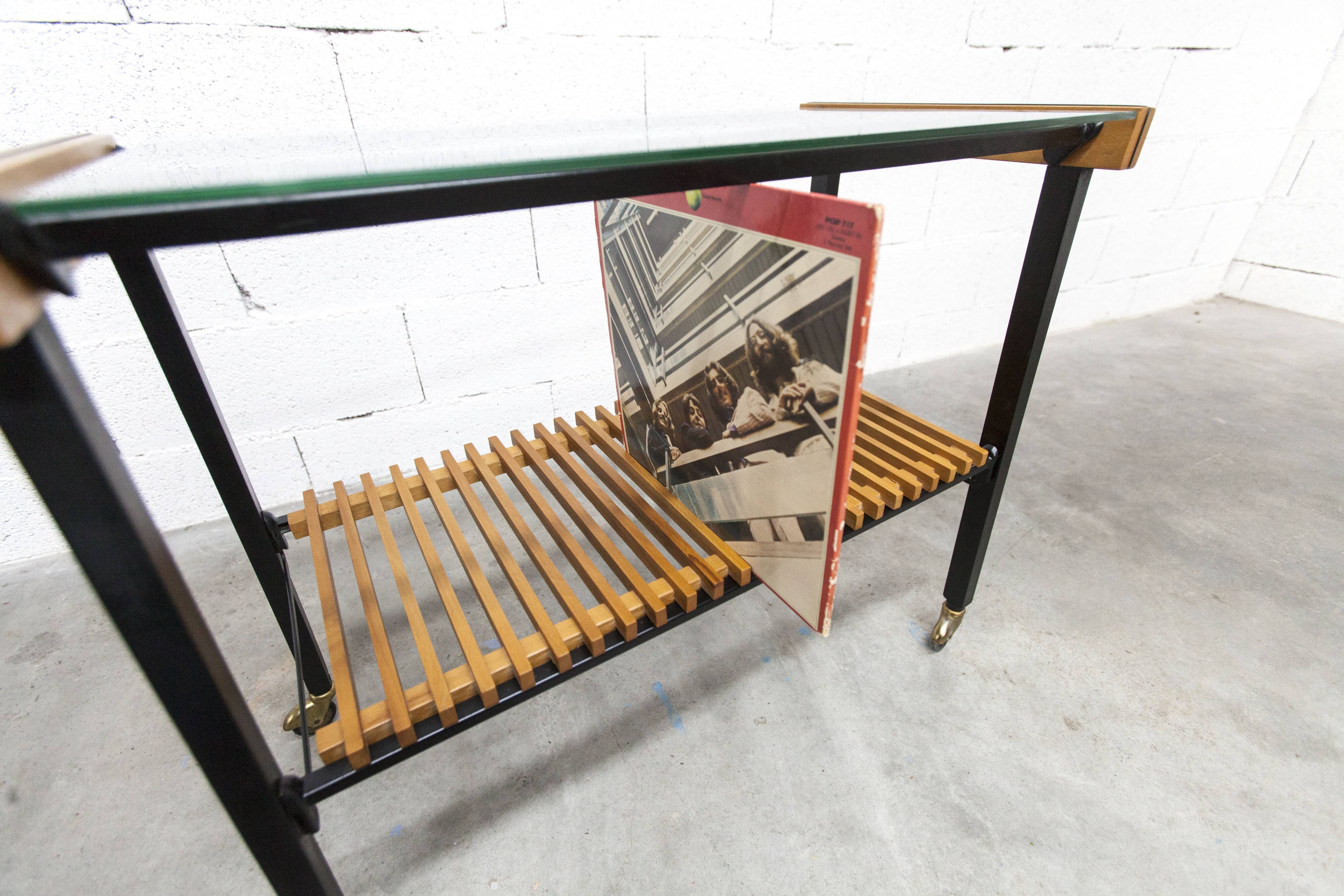 1960s serving cart, hi-fi cabinet on casters, teak, black metal, glass