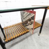 1960s serving cart, hi-fi cabinet on casters, teak, black metal, glass