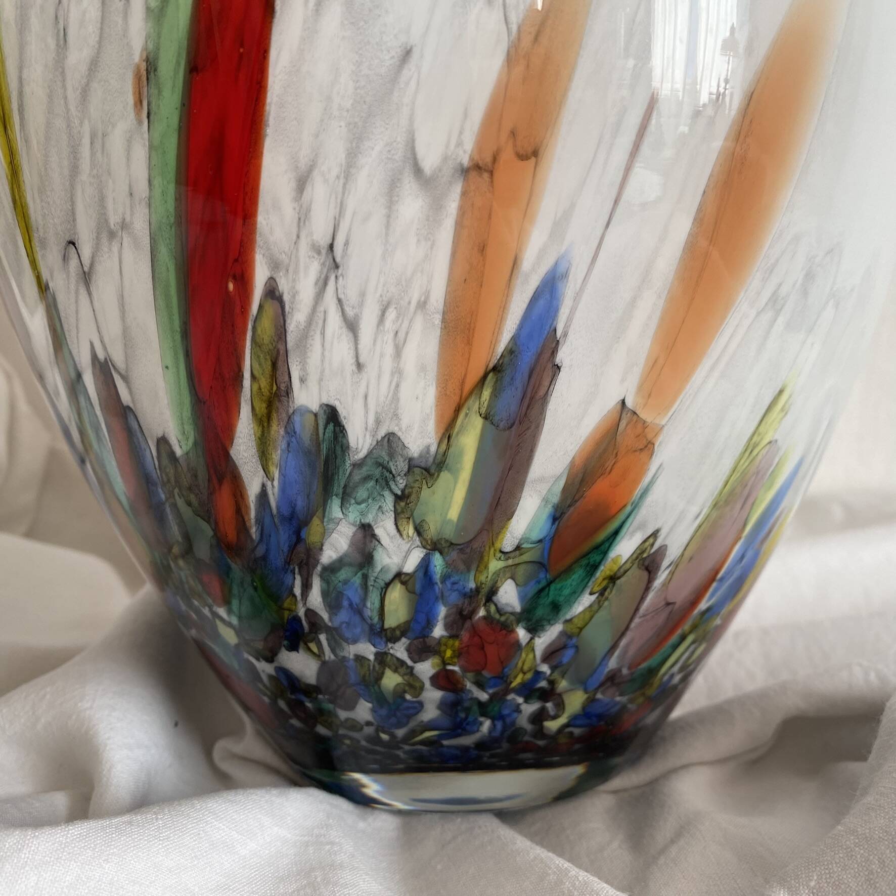 Large blown glass vase with polychrome inclusions in the Murano style.