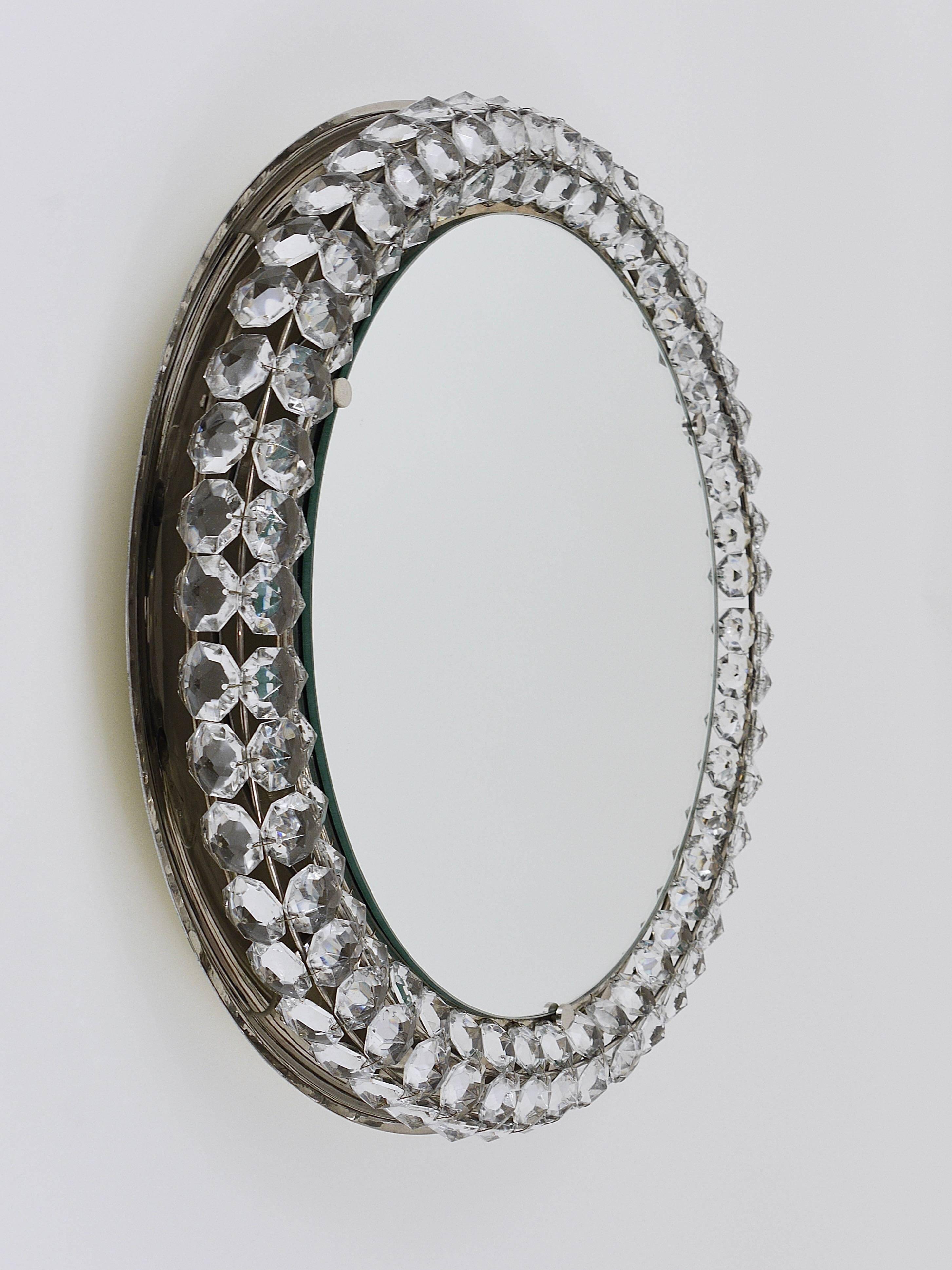 Backlit circular wall mirror Bakalowits Vienna with large crystals, Austria, 1950s