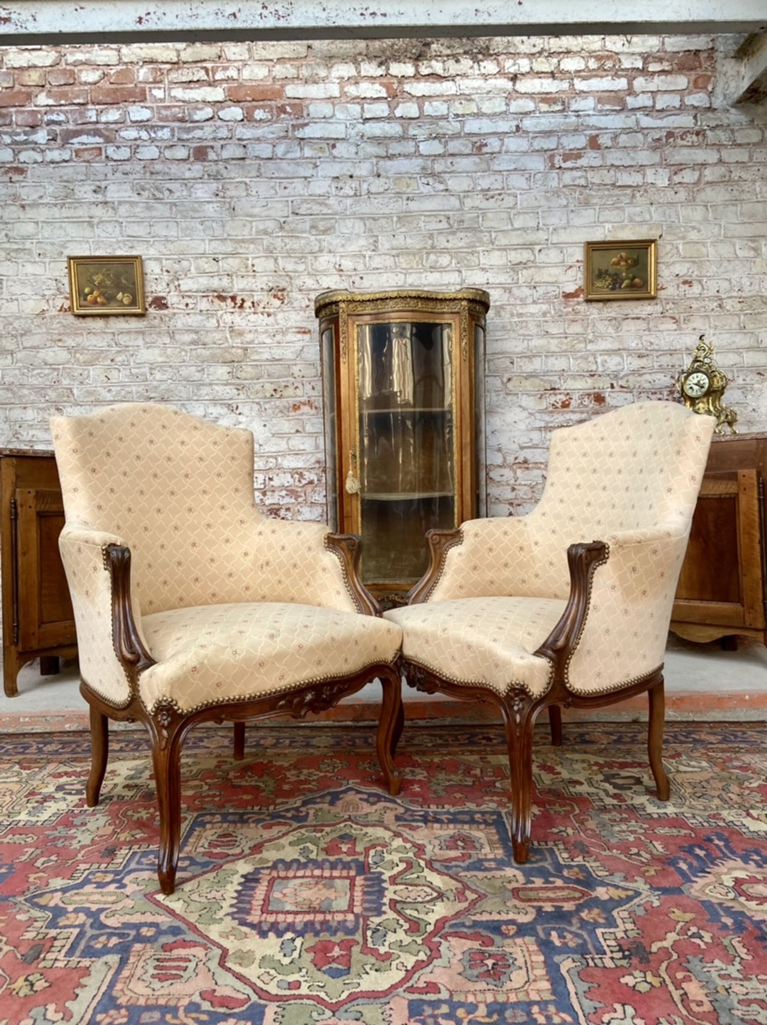 Pair of armchairs in natural wood style Louis XV XIXth
