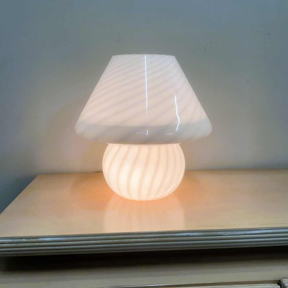 Vintage white swirl glass mushroom lamp – Italian style opaline table lamp. 1970