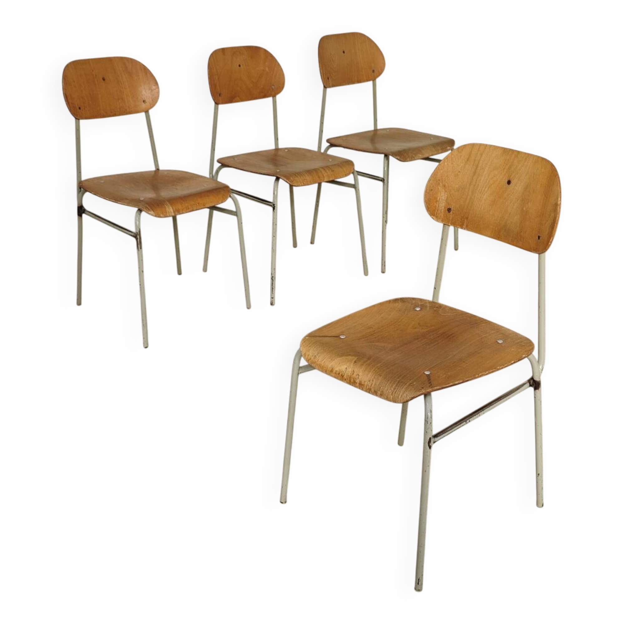 Set of 4 metal and wood school chairs, former Czechoslovakia, 1960.